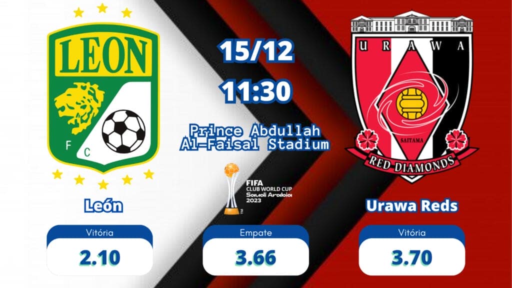 As odds León x Urawa Reds tem 2.10 para o León, 3.70 para o Urawa Reds e 3.66 para empate.