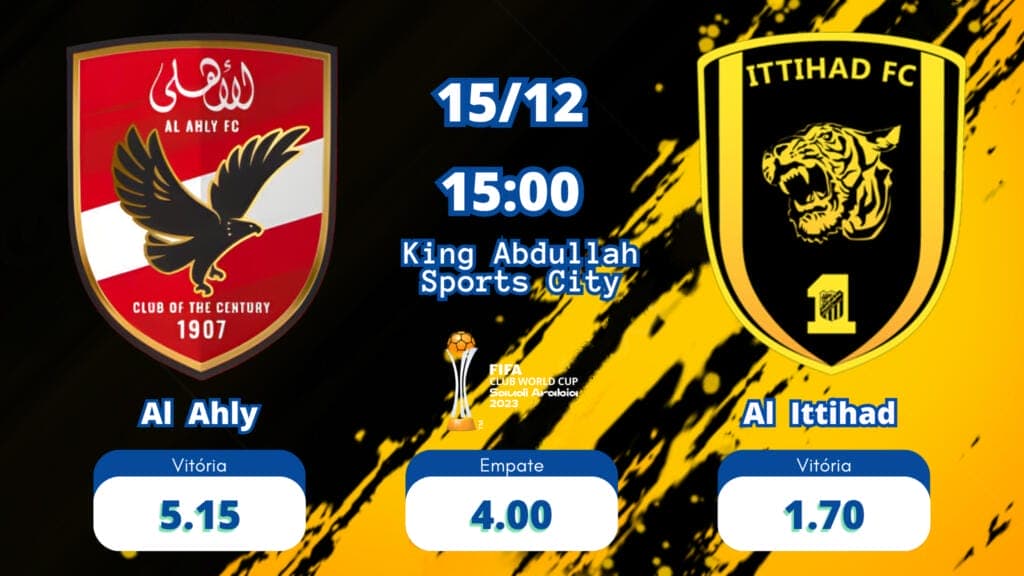 As odds Al Ahly x Al Ittihad tem 5.15 para o Al Ahly, 1.70 para o Al Ittihad e 4.00 para empate.