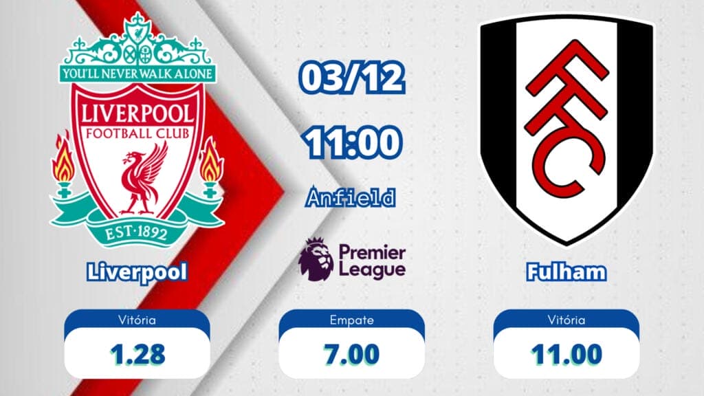 Nas odds Liverpool x Fulham, 1.28 para o Liverpool, 11.00 para o Fulham e 7 para empate.